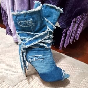 Distressed denim booties. Size 8.5